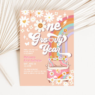 Pink One Groovy Year Daisy Rainbow 1. Geburtstag Einladung