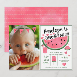 Pink One in A Melon Foto Girl's 1. Geburtstag Einladung