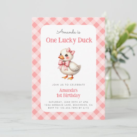 Pink One Lucky Duck Baby Girl Erstgeburt Einladung (Stehend Vorderseite)
