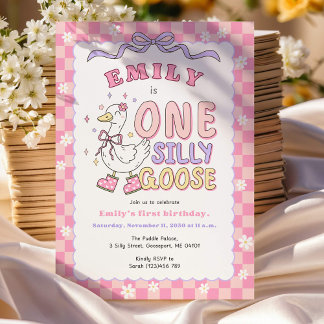 Pink One Silly Goose-Retro Mädchen Erster Geburtst Einladung