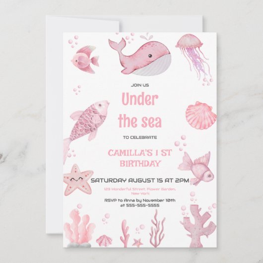 Pink Oneder Sea Geburtstag Einladung (Vorderseite)