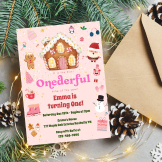 Pink ONEderful Christmas Winter 1. Geburtstag Einladung