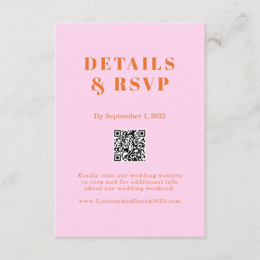 Pink Orange Bold Font QR Code Wedding RSVP Begleitkarte (Vorderseite)