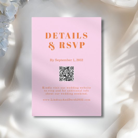 Pink Orange Bold Font QR Code Wedding RSVP Begleitkarte