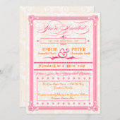 Pink & Orange Damask Poster-Style Hochzeit einlade Einladung (Vorne/Hinten)