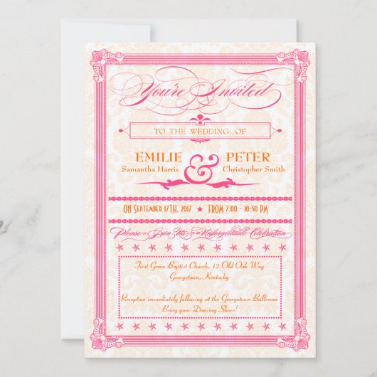 Pink & Orange Damask Poster-Style Hochzeit einlade Einladung (Vorderseite)