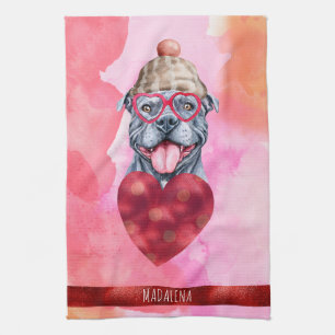 Pink Orange Dog Lover Valentine Geschenk Grauer Pi Geschirrtuch