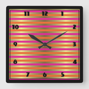Pink, Orange & Faux Metallic Gold Stripes Quadratische Wanduhr