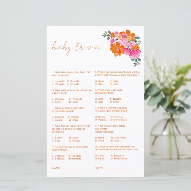 Pink Orange Floral Baby Trivia Baby Showspiel (Stehend Vorderseite)