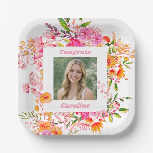 Pink Orange Floral Graduation Party Photo 2026 Pappteller (Vorderseite)