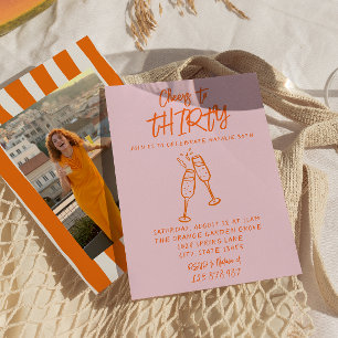 Pink Orange Gezeichnet 30. Whimsical Foto Geburtst Einladung