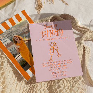 Pink Orange Gezeichnet 30. Whimsical Foto Geburtst Einladung