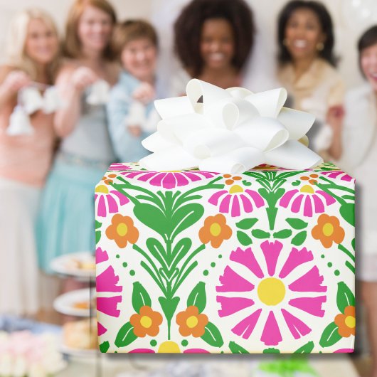 Pink Orange Green Blooms Cheer Gift Geschenkpapier