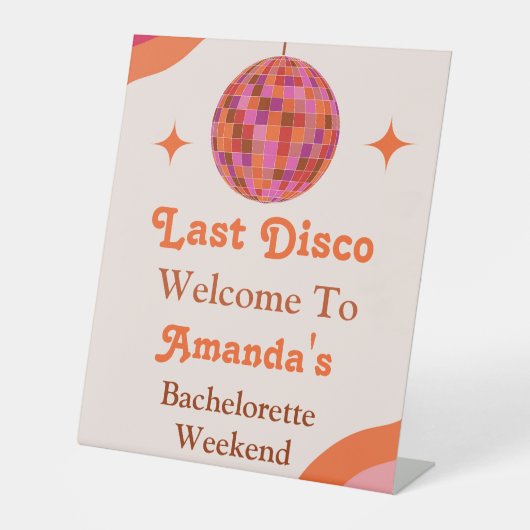 Pink Orange Groovy Letzte Disko Bachelorette Herzl Sockelschild (Vorderseite)