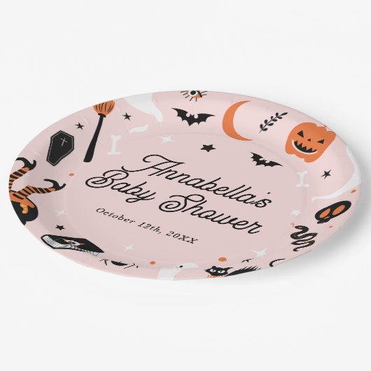 Pink Orange Halloween Kinderdusche Pappteller (Schrägansicht)