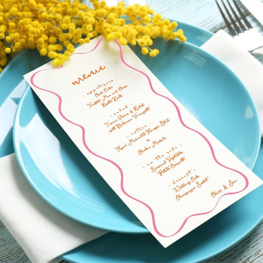Pink & Orange Hand Drawn Curvy Border Wedding Menu Menükarte