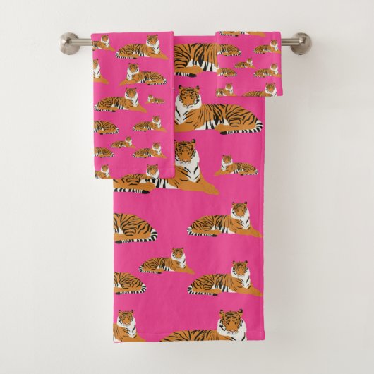 Pink Orange Jungle Tiger Tiermuster Badhandtuch Set (Insitu)