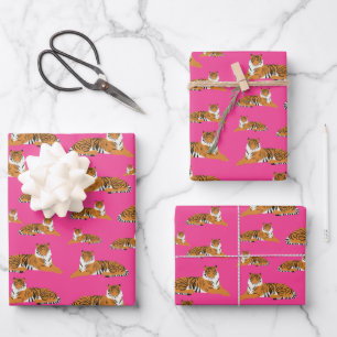 Pink Orange Jungle Tiger Tiermuster Geschenkpapier Set