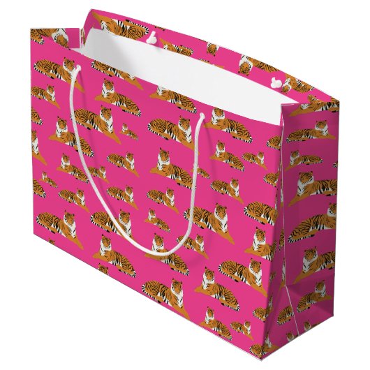 Pink Orange Jungle Tiger Tiermuster Große Geschenktüte (Rückseite Schrägansicht)
