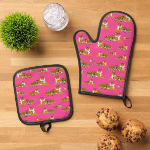 Pink Orange Jungle Tiger Tiermuster Ofenhandschuh & Topflappen-Set