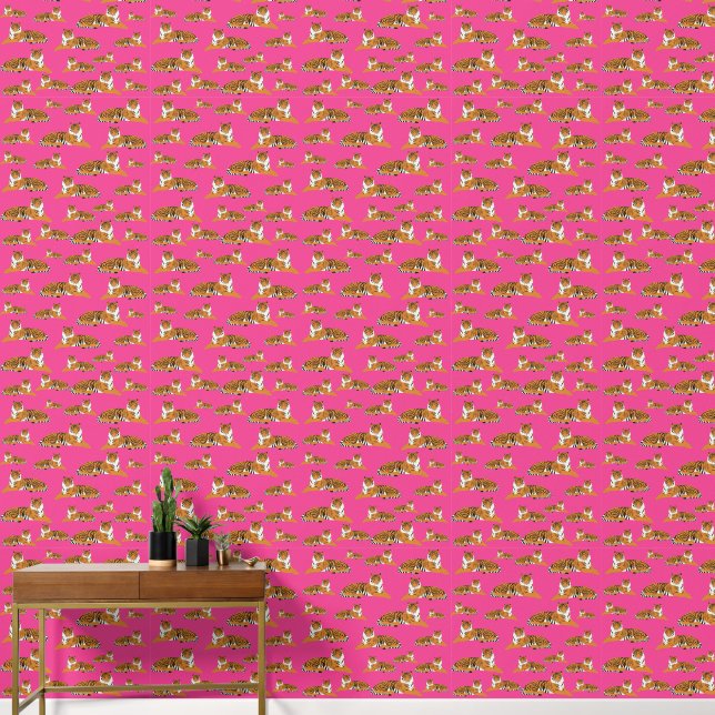 Pink Orange Jungle Tiger Tiermuster Tapete (Hausflur)