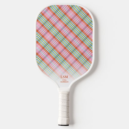 Pink Orange Kariertes Muster Benutzerdefinierter T Pickleball Schläger (Rückseite)