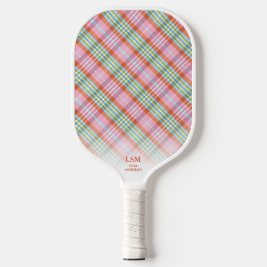 Pink Orange Kariertes Muster Benutzerdefinierter T Pickleball Schläger (Vorderseite)