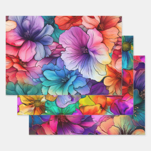 Pink Orange Lila Türkis Blumen Alcohol Ink  Geschenkpapier Set