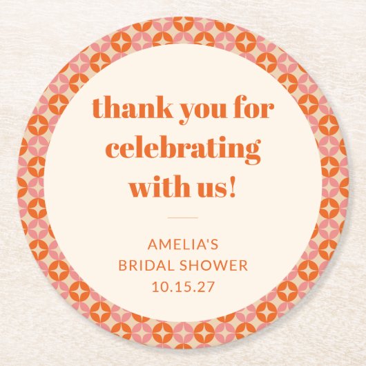 Pink Orange Mid Century Custom Brautparty Danke Runder Pappuntersetzer (Vorderseite)