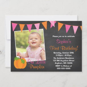 Pink Orange Pumpkin Chalkboard Girl Foto Geburtsta Einladung