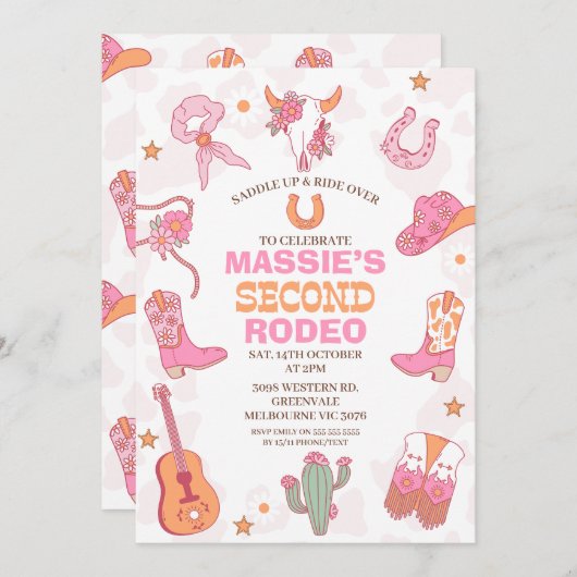 Pink Orange Retro 2nd Rodeo Birthday Einladung (Vorne/Hinten)