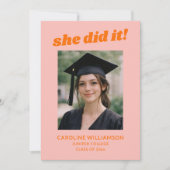 Pink Orange Retro She Did It Photo Graduation Ankündigung (Vorderseite)