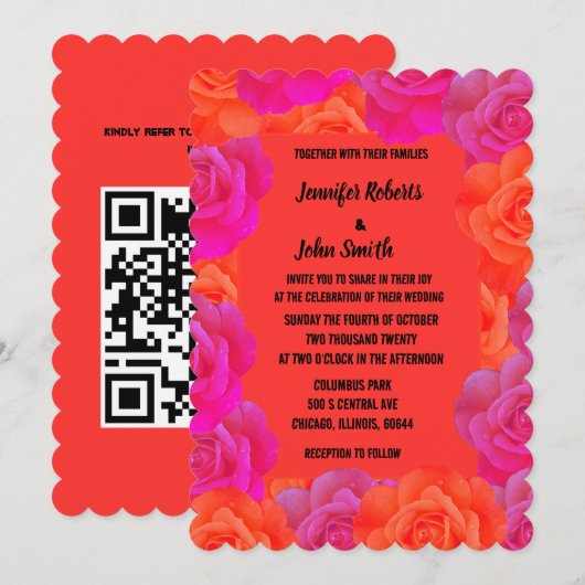 Pink Orange Rose Muster QR Code Hochzeit Einladung (Vorne/Hinten)