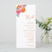 Pink Orange Summer Floral Let's Eat Script Wedding Menükarte (Stehend Vorderseite)