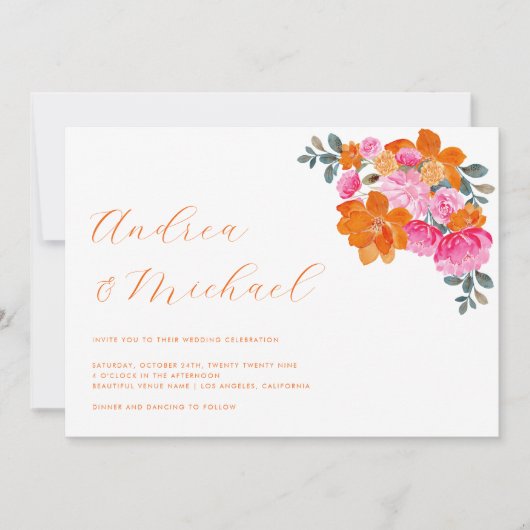 Pink & Orange Vibranchenfarbenes QR-Foto Hochzeit Einladung (Vorderseite)