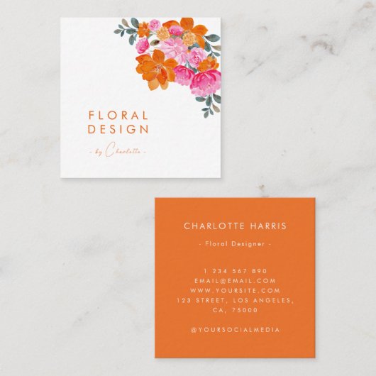 Pink & Orange Vibranntfarbene Aquarellfarben-Desig Quadratische Visitenkarte (Vorne/Hinten)