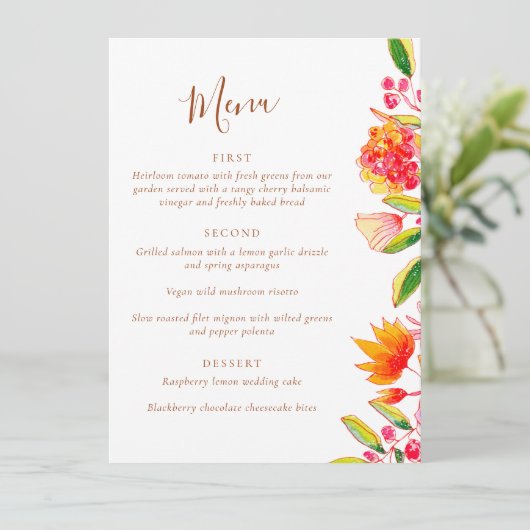Pink Orange Watercolor Floral Wedding Dining Menükarte (Stehend Vorderseite)