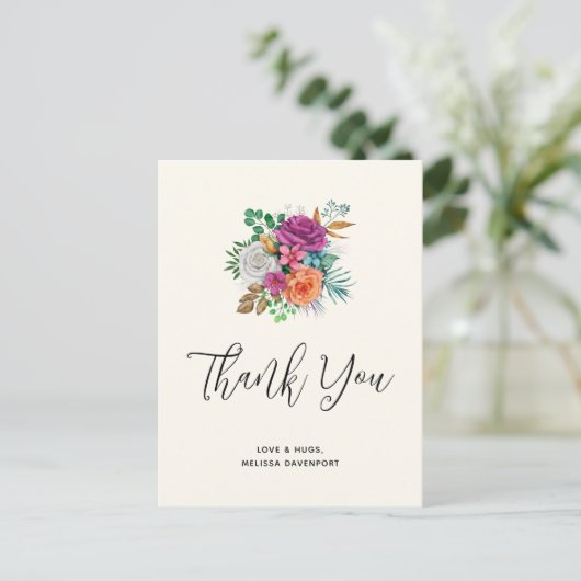 Pink, Orange & White Roses Bouquet Vielen Dank Postkarte (Stehend Vorderseite)