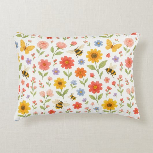 Pink Orange Yellow Floral and Bee Pattern Dekokissen (Vorderseite)