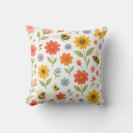 Pink Orange Yellow Floral and Bee Pattern  Kissen