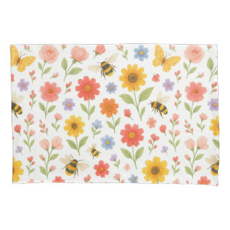 Pink Orange Yellow Floral and Bee Pattern Kissenbezug