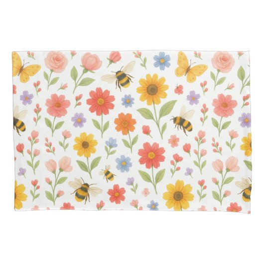 Pink Orange Yellow Floral and Bee Pattern  Kissenbezug (Vorderseite)
