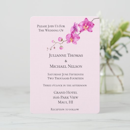 Pink Orchid Floral Wedding Einladung (Stehend Vorderseite)