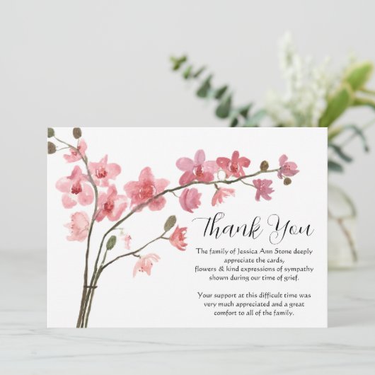 Pink Orchid florale Beerdigung Tod Vielen Dank Einladung (Stehend Vorderseite)