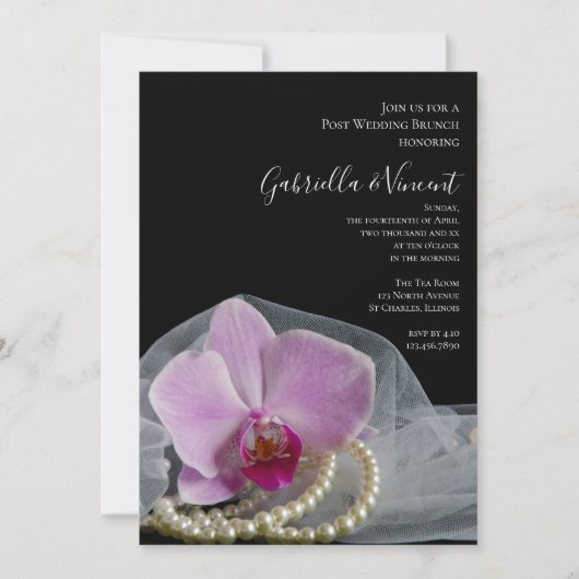 Pink Orchid Perlen auf Black Post Wedeling Einladung (Vorderseite)