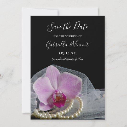 Pink Orchid Perlen auf schwarzer Hochzeit Speicher Save The Date (Vorderseite)