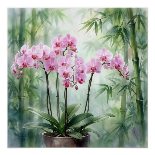 Pink Orchid Plant On Bamboo Background Poster (Vorderseite)
