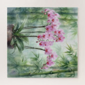 Pink Orchid Plant On Bamboo Background Puzzle (Horizontal)