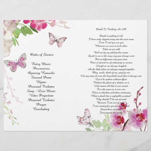Pink Orchids Butterfly Beerdigung Programm Flyer (Hinten)