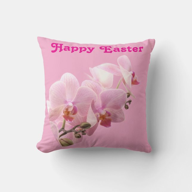 Pink Orchids “Happy Easter” Throw Pillow Kissen (Vorderseite)